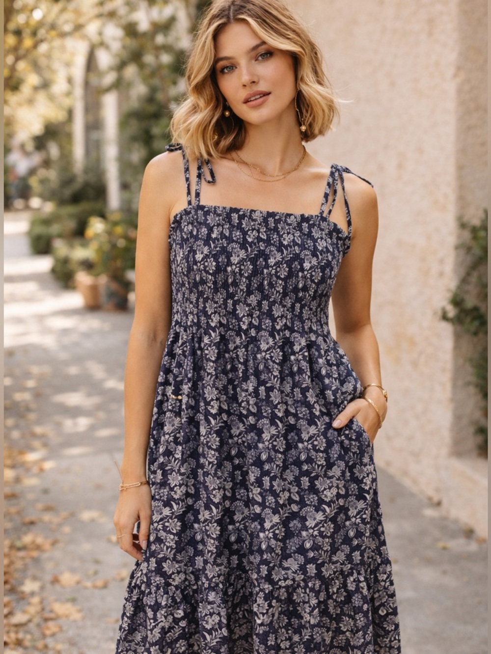 Uniqlo Navy Floral Midi Dress with White Print